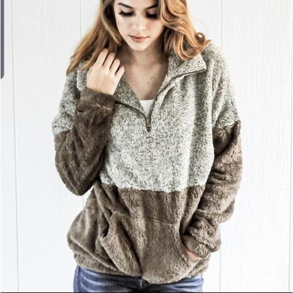 Blue B quarter zip kangaroo pocket pullover teddy 2 tone brown small - Picture 1 of 5